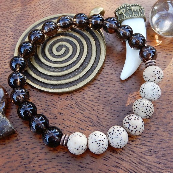 Detoxify & Thrive Gemstone Mala Bracelet/Smoky Quartz Men's Bracelet/Bodhi Seeds - Picture 1 of 3